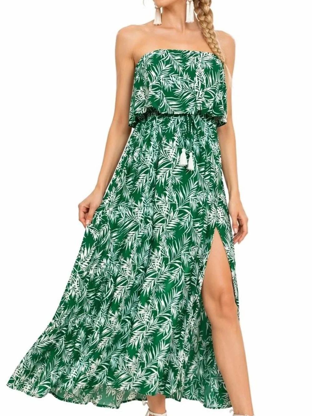 Japna Small Tropical Boho Strapless Green Leaf Print Maxi Dress